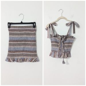 Storia Striped Smocked Lace Up Tie Sleeve Tank Top Ruffle Skirt Set Small S